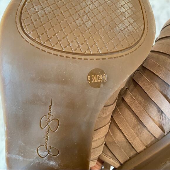 Jessica Simpson Women's Sling Back Woven Taupe Peep Toe Block Heals Size 9.5 - Picture 7 of 8